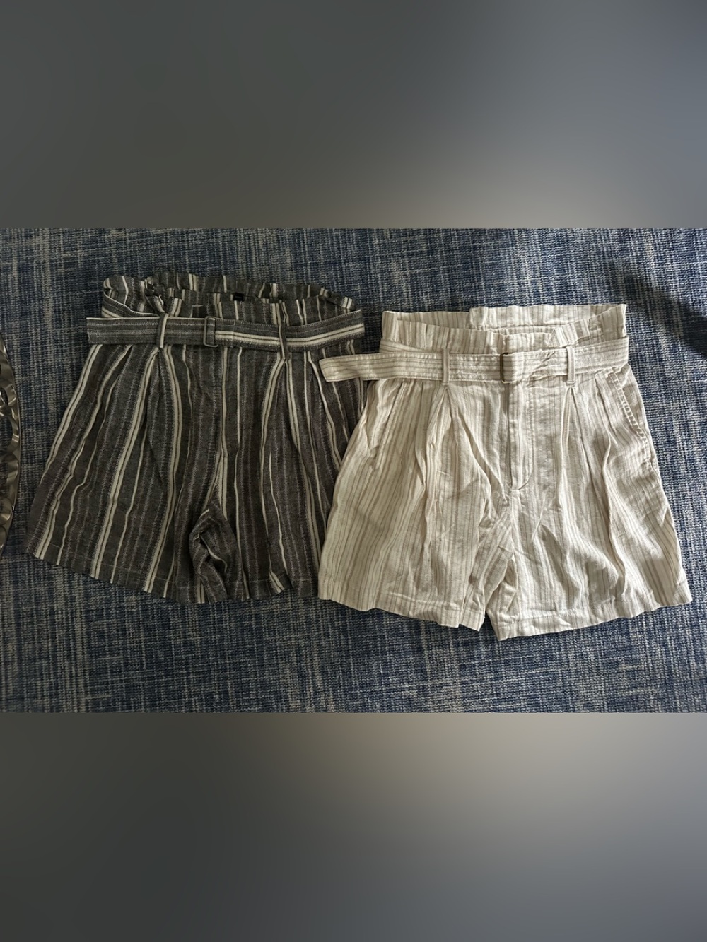 High-Waist Paperbag Stripe Women's Shorts - Beige and Charcoal 2 pairs